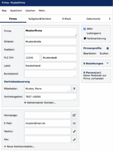 Kundendatenverwaltung effizient gestalten: Screenshot des benutzerfreundlichen Kontaktdatenformulars unseres CRM-Systems. Erfassen und verwalten Sie Kundendaten wie Namen, E-Mail-Adressen und Telefonnummern. Das übersichtliche Formular ermöglicht eine einfache Eingabe und minimiert Fehler. 